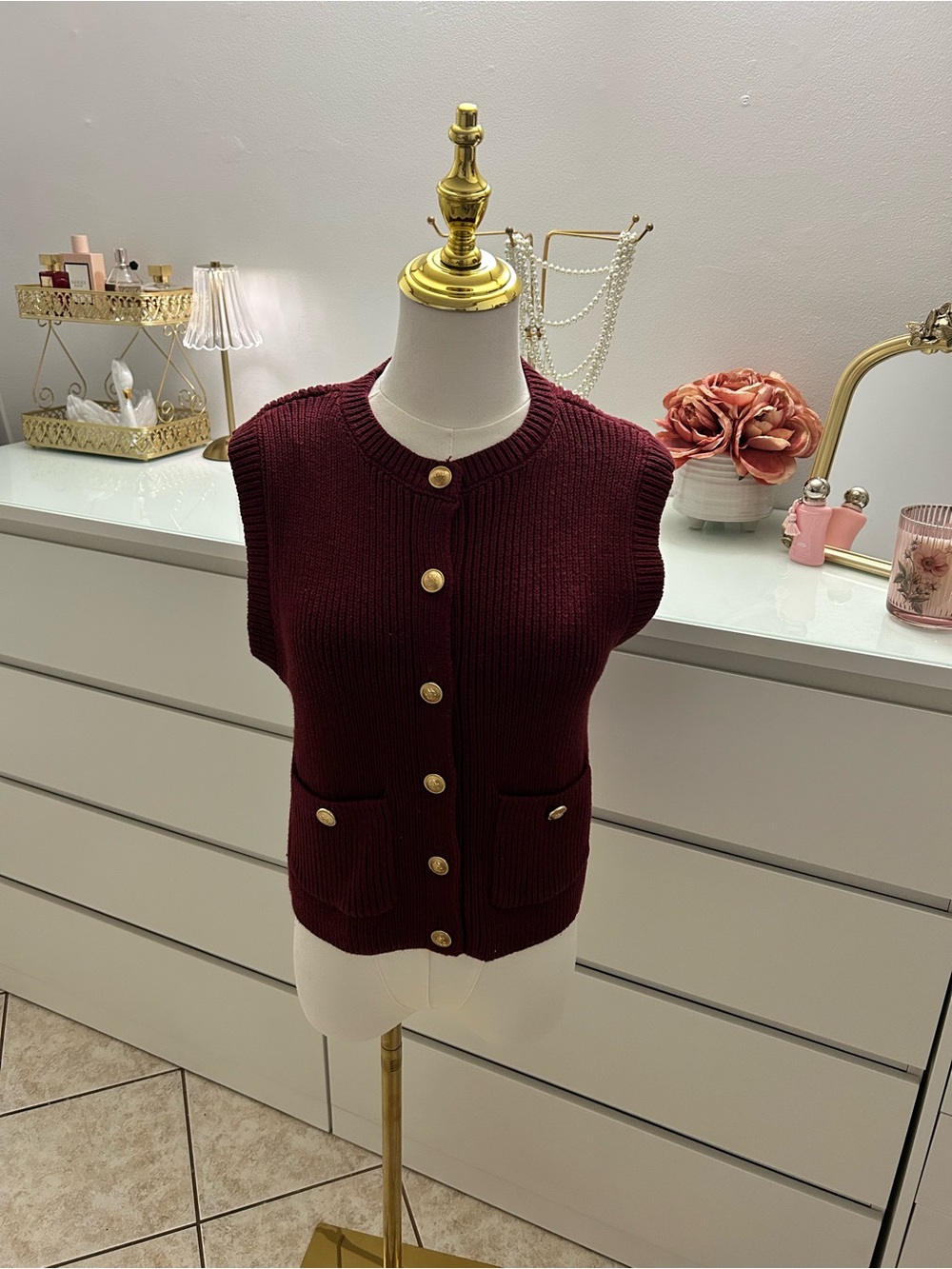 Sleeveless Button-Front Knit Vest in Burgundy with Gold Buttons
